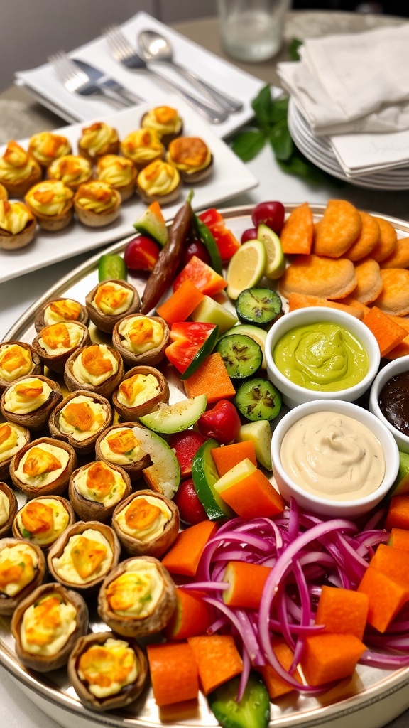 A vibrant platter of assorted appetizers including quiches, stuffed mushrooms, and vegetable skewers.